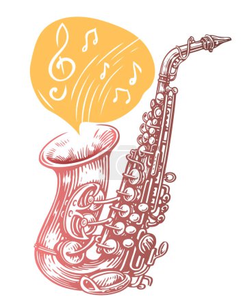 Téléchargez les illustrations : Saxophone avec notes musicales sur affiche. Musique classique, concert de jazz - en licence libre de droit
