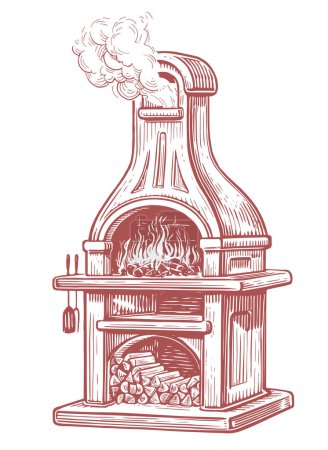 Illustration for Stone garden oven for grilling or barbecuing. Open summer kitchen. Vintage sketch vector illustration - Royalty Free Image