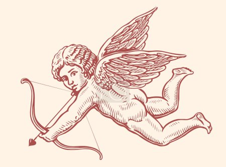 Téléchargez les illustrations : Ange volant, symbole d'amour et de Saint-Valentin. Cupidon tire une flèche de l'arc. Illustration vectorielle de croquis vintage - en licence libre de droit