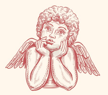 Illustration for Pensive cute angel child. Cute baby with wings. Hand drawn sketch vintage vector illustration - Royalty Free Image
