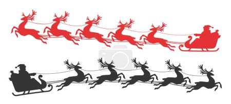Illustration for Santa Claus rides on a flying sleigh drawn by reindeer. Christmas vector illustration, silhouette - Royalty Free Image