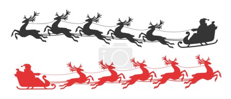 Illustration for Christmas silhouette, Santa Claus with gifts in a sleigh drawn by reindeer. Happy holidays symbol, vector illustration - Royalty Free Image
