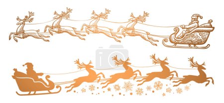 Téléchargez les illustrations : Père Noël dans un traîneau plein de cadeaux avec des rennes volants. Décoration Joyeux Noël et bonne année. Illustration vectorielle - en licence libre de droit