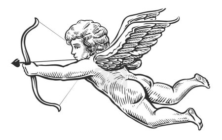 Illustration for Flying Angel with arrow and bow. Vintage monochrome hand drawn vector illustration - Royalty Free Image