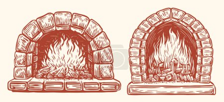Téléchargez les illustrations : Feu dans un four en pierre. Les bûches brûlent dans la cheminée. Croquis illustration vectorielle vintage - en licence libre de droit