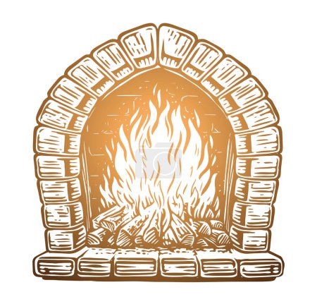 Téléchargez les illustrations : Le bois brûle dans la cheminée. Feu dans un four en pierre. Illustration vectorielle dessinée main - en licence libre de droit
