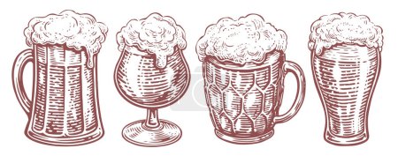 Illustration for Beer glass with overflowing foam. Hand drawn mug of ale. Alcohol drink set vector sketch - Royalty Free Image
