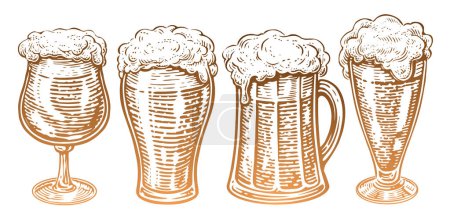 Téléchargez les illustrations : Ensemble de verres à bière et de tasses dessinés à la main dans un style vintage. Illustration vectorielle de croquis - en licence libre de droit