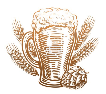Ilustración de Vaso de cerveza con espuma rebosante, lúpulo y trigo. Pub, dibujo ilustración vector vintage - Imagen libre de derechos