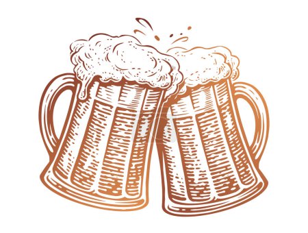 Illustration for Cheers, Two beer mugs toast. Clinking glass glasses full of ale and splashes of foam. Vector illustration - Royalty Free Image