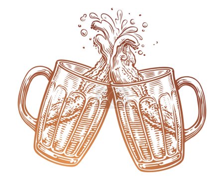 Téléchargez les illustrations : Deux tasses à bière en verre, pain grillé. Le clin d'œil des verres avec une boisson alcoolisée, des éclaboussures de mousse. Illustration vectorielle - en licence libre de droit