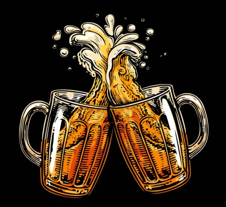 Téléchargez les illustrations : Paire de verres à bière pour porter un toast. Boisson alcoolisée et éclaboussures de mousse. Illustration vectorielle du concept de pub - en licence libre de droit