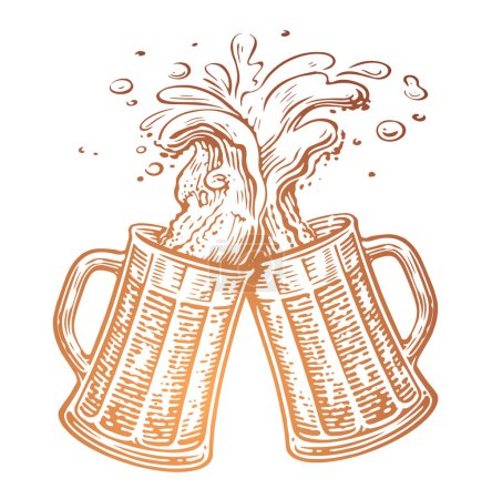 Illustration for Hand drawn two toasting beer mugs, Cheers. Clinking glass mugs. Oktoberfest, vector illustration - Royalty Free Image