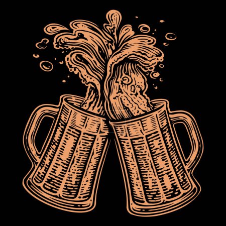 Illustration for Cheers,Two clinking glasses mugs. Clinking glass tankards full of beer and splashed foam. Hand drawn vector illustration - Royalty Free Image