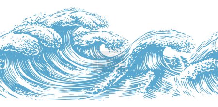 Illustration for Hand drawn Sea waves. Ocean surf wave horizontal seamless pattern vector illustration, sketch - Royalty Free Image