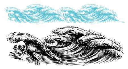 Illustration for Sea waves, vintage vector illustration. Ocean tidal storm waves isolated on white background for surfing and seascape - Royalty Free Image