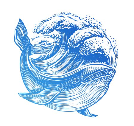 Illustration for Swimming big whale and sea waves. Emblem in the shape of a circle on the theme of sea adventure, travel and discovery - Royalty Free Image