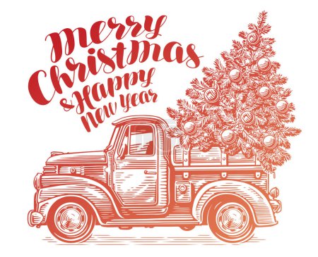 Téléchargez les illustrations : Arbre de Noël et camion de ferme rétro. Carte de vœux de vacances ou bannière avec texte de félicitations - en licence libre de droit