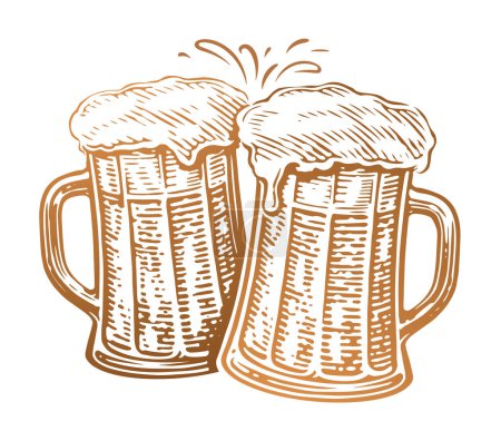 Téléchargez les illustrations : Deux tasses à bière grillées. Des bouteilles de verre pleines de bière et de mousse éclaboussée. Santé, illustration vectorielle - en licence libre de droit