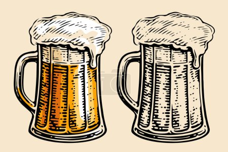 Téléchargez les illustrations : Tasse en verre pleine de bière avec mousse. Illustration vectorielle dessinée main - en licence libre de droit
