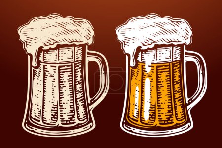 Illustration for Large glass mug of foamy craft beer with handle. Alcohol drinks. Vector illustration on dark background - Royalty Free Image