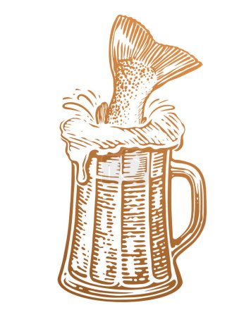 Illustration for Mug of Beer and fish tail. Alcoholic drink, pub vector illustration - Royalty Free Image