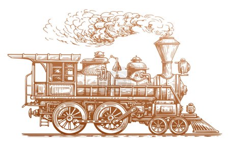 Illustration for Retro train, side view. Hand drawn vintage steam locomotive in sketch style. Transport vector illustration - Royalty Free Image