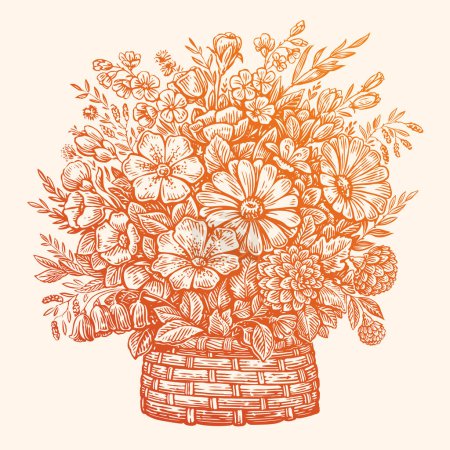 Illustration for Wicker basket full of beautiful different spring flowers. Hand drawn vintage sketch vector illustration - Royalty Free Image