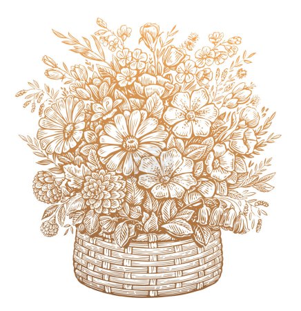 Ilustración de Hermoso ramo de flores silvestres en una cesta, grabado de estilo vintage. Flores dibujo vector ilustración - Imagen libre de derechos