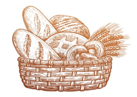 Illustration for Basket full of baked goods. Bread and pastry, sketch vintage vector illustration - Royalty Free Image