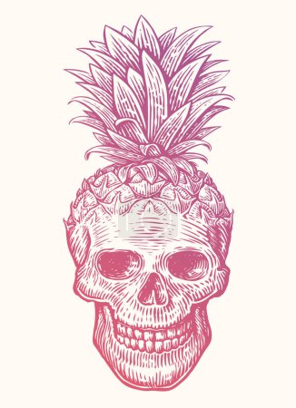 Téléchargez les illustrations : Ananas du crâne humain, illustration vectorielle. Impression drôle cool créative pour la conception de t-shirt, affiche, bannière, tatouage - en licence libre de droit