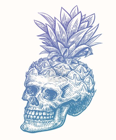 Illustration for Hand drawn human skull pineapple with leaves. Vintage sketch vector illustration - Royalty Free Image