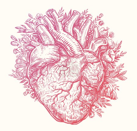 Ilustración de Corazón en flores. Tarjeta de San Valentín en estilo grabado vintage. Dibujo dibujado a mano vector ilustración - Imagen libre de derechos