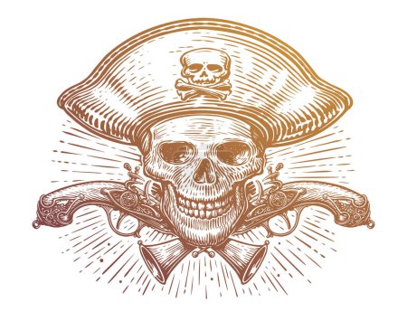 Ilustración de Esqueleto de cráneo de pirata en sombrero de capitán de piratas y mosquetes de pistolas cruzadas. Ilustración vectorial en estilo vintage de corte en madera retro - Imagen libre de derechos
