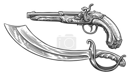 Illustration for Vintage gun and saber of pirate. Ancient musket or pistol, sword sketch. Hand drawn vector illustration - Royalty Free Image