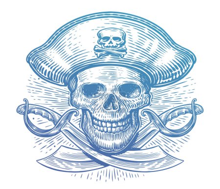 Illustration for Skull over crossed sabers. Jolly Roger, pirate symbol. Corsair vector illustration - Royalty Free Image