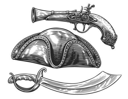 Illustration for Pirate set. Saber, pistol, cocked hat. Hand drawn sketch vintage vector illustration - Royalty Free Image