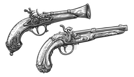 Illustration for Ancient musket pistol with wooden grip. Flintlock gun sketch. Hand drawn sketch vintage vector illustration - Royalty Free Image