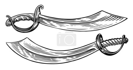 Illustration for Pirate saber in engraving style. Hand drawn blade sketch. Sword weapon vintage vector illustration - Royalty Free Image