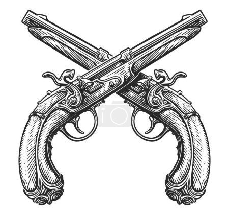 Ilustración de Pistolas cruzadas, boceto. Dos armas, armas de fuego. Ilustración de vector vintage dibujado a mano - Imagen libre de derechos
