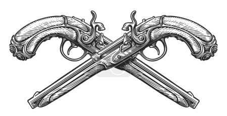 Illustration for Crossed guns, sketch. Two flintlock pistols, firearms. Hand drawn vintage vector illustration - Royalty Free Image