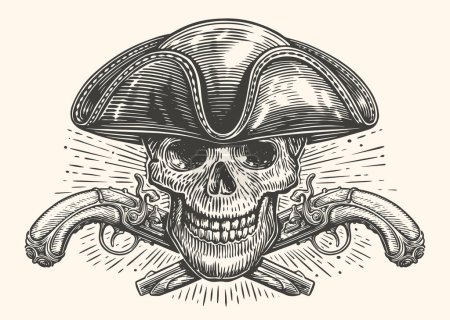 Ilustración de Esqueleto pirata y pistolas vintage. Cabeza de cráneo con sombrero de gallo. Estilo de grabado de ilustración vectorial - Imagen libre de derechos