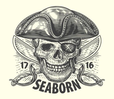 Téléchargez les illustrations : Sur la mer. Pirate en chapeau armé avec des sabres croisés. Crâne tête croquis vintage vecteur illustration - en licence libre de droit