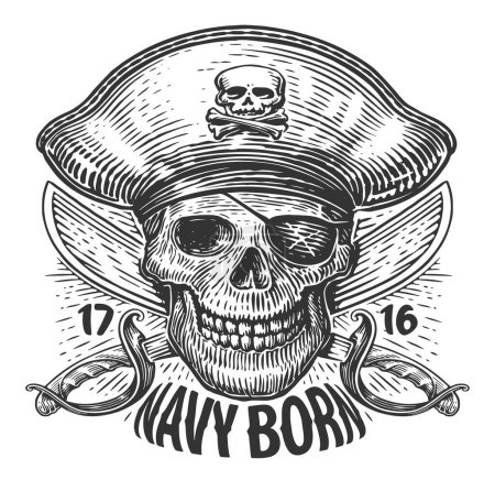 Ilustración de NAVY BORN. Calavera y sables cruzados. Jolly Roger, esqueleto pirata vintage vector ilustración - Imagen libre de derechos