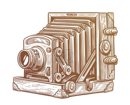 Téléchargez les illustrations : Vieille caméra vintage avec soufflet. Appareil photo en bois rétro. Illustration vectorielle de croquis - en licence libre de droit