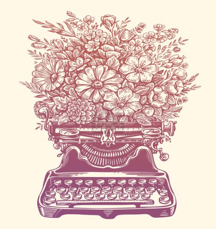 Illustration for Typewriter and flowers with leaves and plants. Hand drawn vintage sketch vector illustration - Royalty Free Image