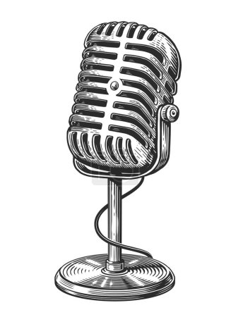 Téléchargez les illustrations : Ancien microphone rétro sur tige. Illustration vectorielle croquis vintage dessinée à la main - en licence libre de droit