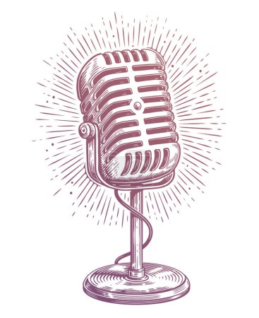 Illustration for Retro metal microphone on stand. Podcast mic. Vintage vector illustration - Royalty Free Image