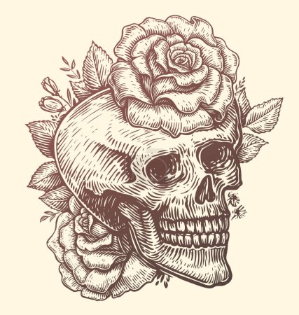 Illustration for Skull and roses, flowers with leaves. Hand drawn vintage vector illustration - Royalty Free Image