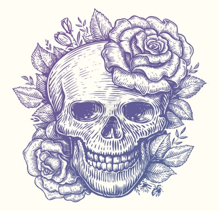 Illustration for Human skull in flowers with leaves, hand drawn in vintage engraving style. Roses and skeleton head. Sketch vector illustration - Royalty Free Image